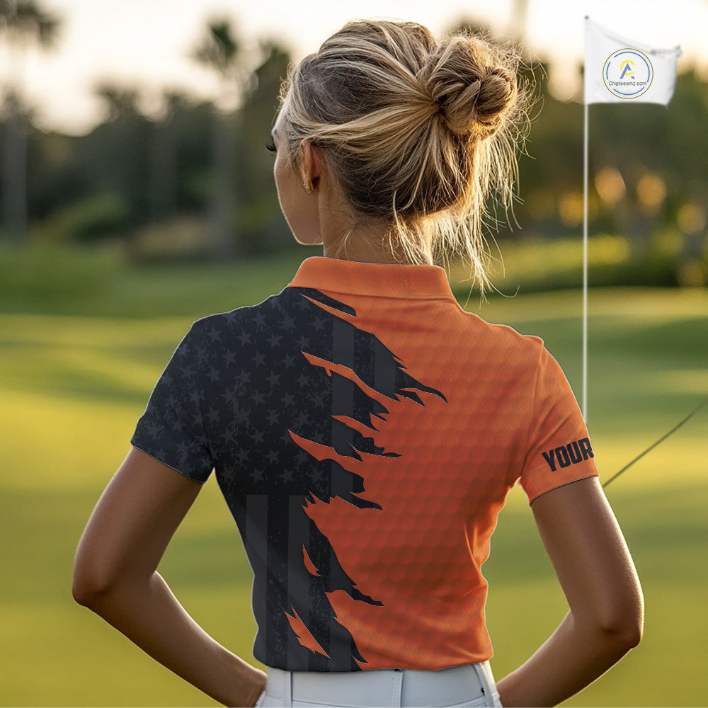 Personalized Women golf polo shirt custom orange golf ball black American flag ladies golf apparel NQS10070