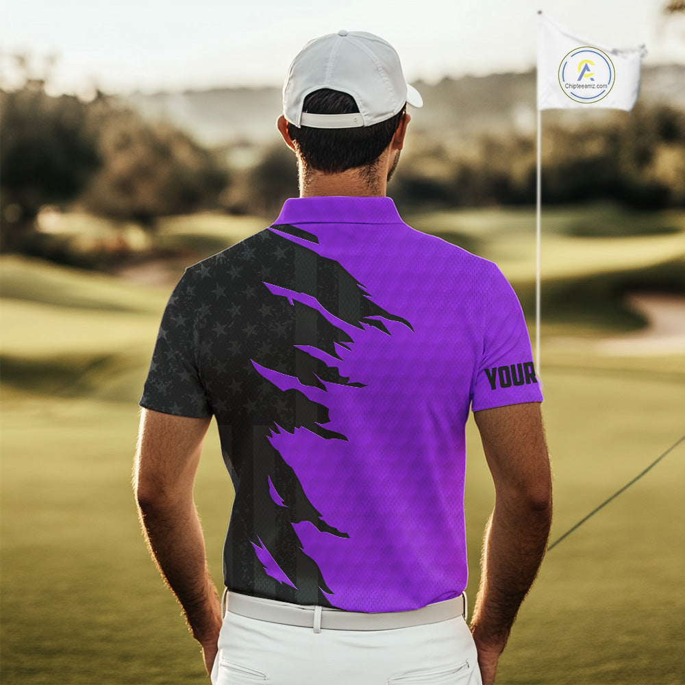 Personalized Mens golf polo shirts custom purple golf ball skin black American flag mens golf apparel NQS10071
