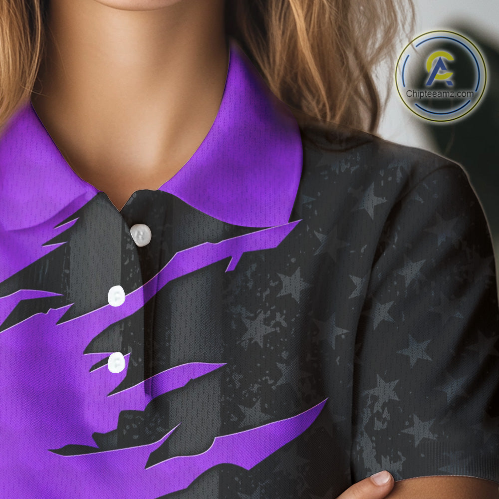 Personalized Women golf polo shirt custom purple golf ball black American flag ladies golf apparel NQS10071