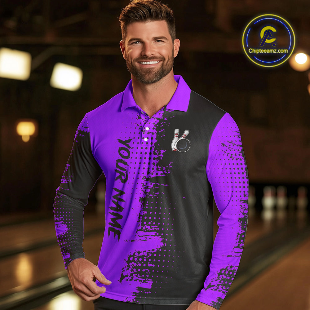 Black and Purple Bowling Polo, Quarter Zip shirts for Men Custom Bowling Team Jerseys NQS10221