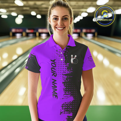 Black and Purple Bowling Polo, Quarter Zip shirts for Women Custom Bowling Team Jerseys NQS10221