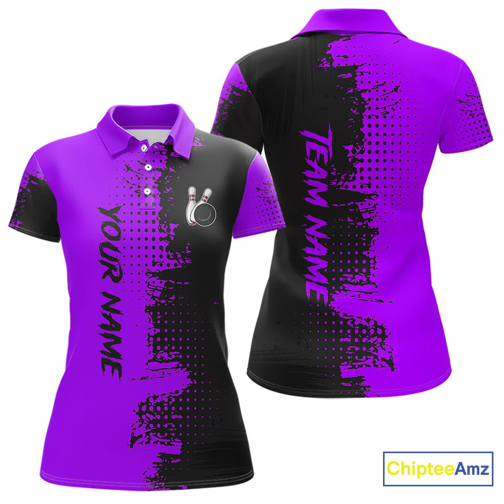 Black and Purple Bowling Polo, Quarter Zip shirts for Women Custom Bowling Team Jerseys NQS10221