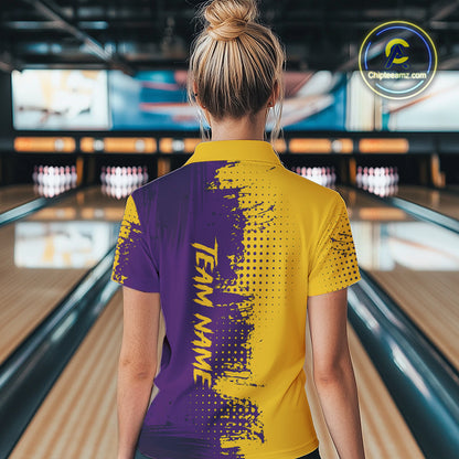 Yellow and Purple Bowling Polo, Quarter Zip shirts for Women Custom Bowling Team Jerseys NQS10222