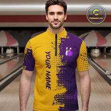 Load image into Gallery viewer, Yellow and Purple Bowling Polo, Quarter Zip shirts for Men Custom Bowling Team Jerseys NQS10222