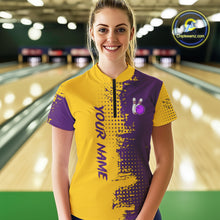 Load image into Gallery viewer, Yellow and Purple Bowling Polo, Quarter Zip shirts for Women Custom Bowling Team Jerseys NQS10222