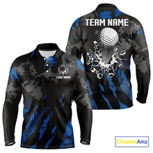 Load image into Gallery viewer, Black and Blue Camo pattern Mens Golf Polo Shirts custom mens golf tops, cool golf gifts NQS9826