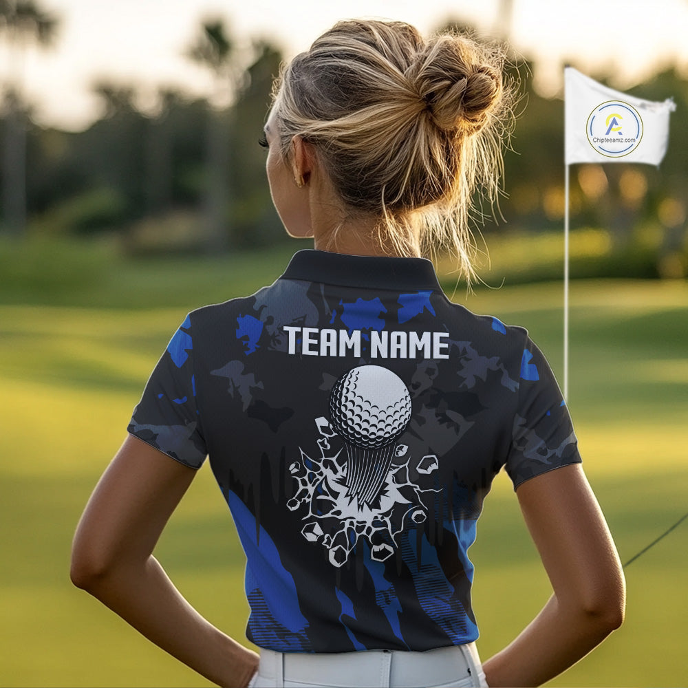 Black and Blue Camo pattern Womens Golf Polo Shirts custom ladies golf tops, cool golf gifts NQS9826