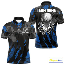 Load image into Gallery viewer, Black and Blue Camo pattern Mens Golf Polo Shirts custom mens golf tops, cool golf gifts NQS9826