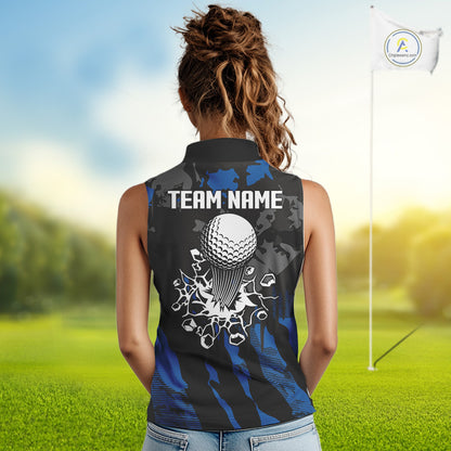 Black and Blue Camo pattern Womens Sleeveless Polo Shirts custom ladies golf tops, cool golf gifts NQS9826
