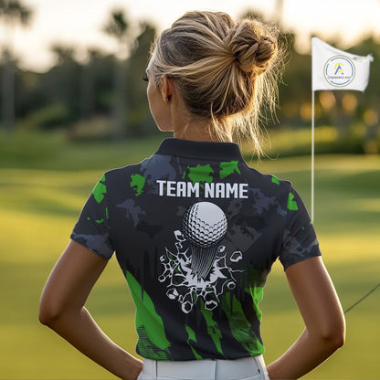 Black and Green Camo pattern Womens Golf Polo Shirts custom ladies golf tops, cool golf gifts NQS9827