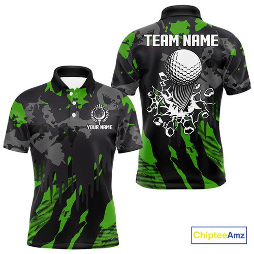 Black and Green Camo pattern Mens Golf Polo Shirts custom mens golf tops, cool golf gifts NQS9827