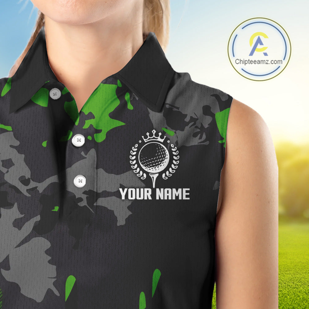Black and Green Camo pattern Womens Sleeveless Polo Shirts custom ladies golf tops, cool golf gifts NQS9827