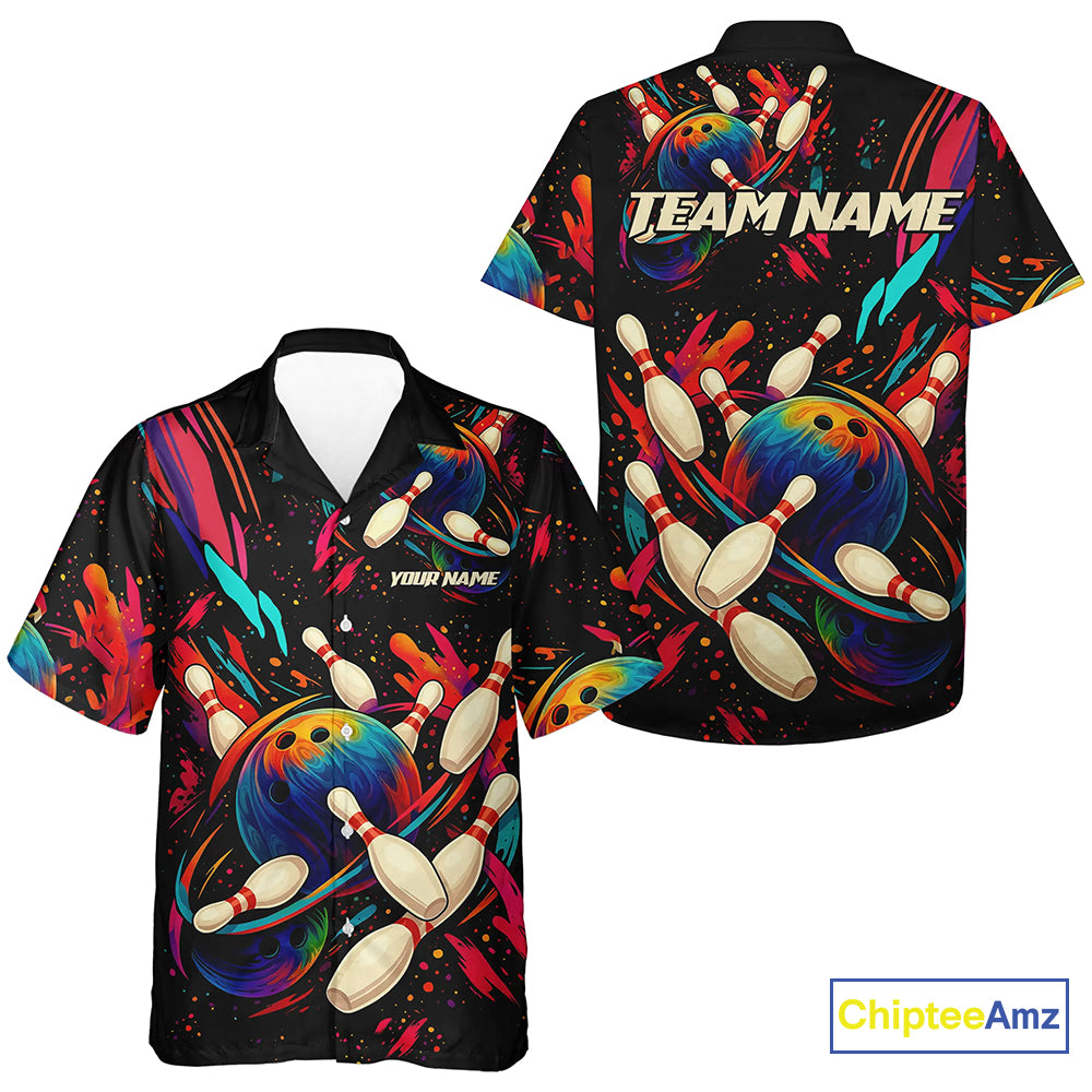 Colorful Watercolor bowling ball and pins Team jerseys Custom Hawaiian bowling shirt NQS9833