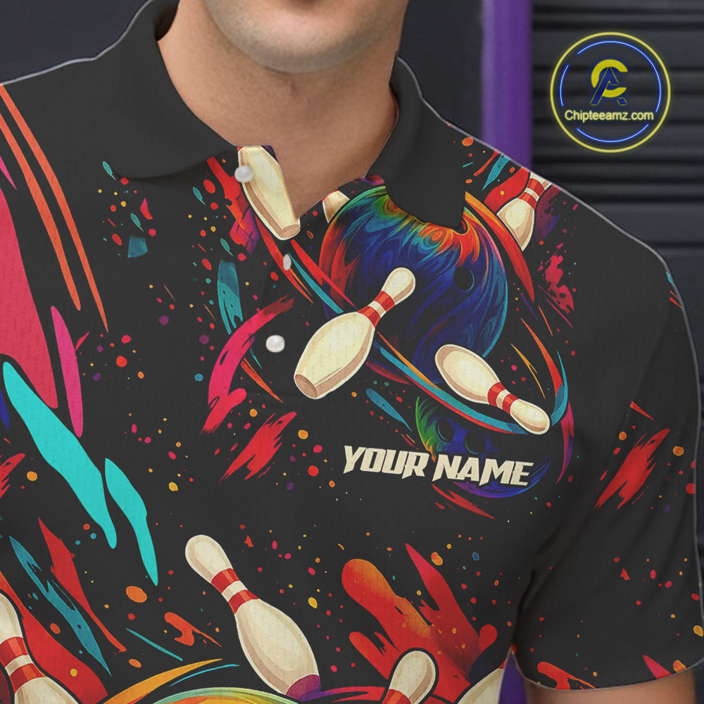 Colorful Watercolor bowling ball and pins Team jerseys Custom Men bowling Polo, Quarter Zip Shirt NQS9833