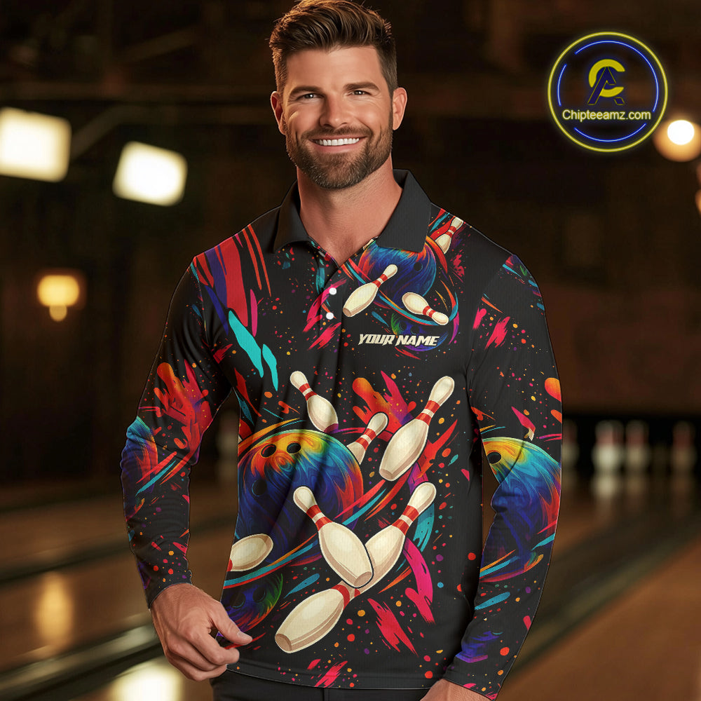 Colorful Watercolor bowling ball and pins Team jerseys Custom Men bowling Polo, Quarter Zip Shirt NQS9833