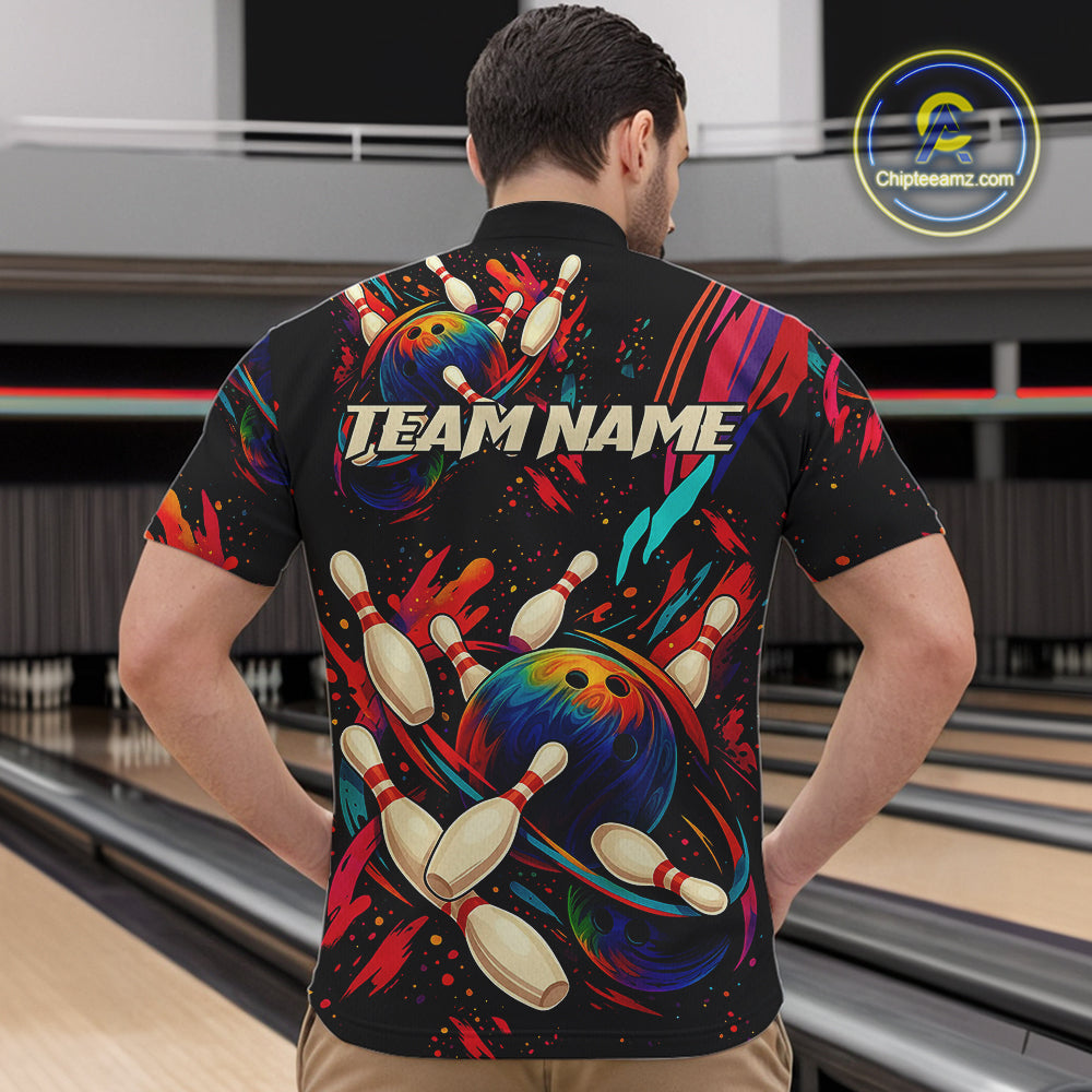 Colorful Watercolor bowling ball and pins Team jerseys Custom Men bowling Polo, Quarter Zip Shirt NQS9833