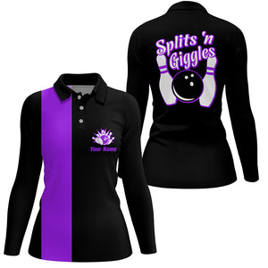 Splits'n Giggles Bowling polo Shirt For Women Personalized black purple retro bowling Jersey NQS6074