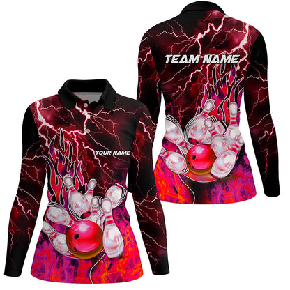 Women Bowling Polo, 1/4 Zip Shirt Custom red lightning thunder Bowling Team Jersey, gift for Bowler NQS8175