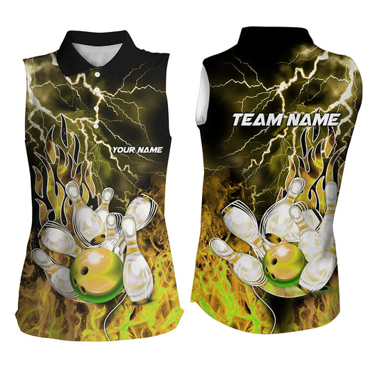 Bowling Sleeveless Polo Shirt Custom yellow lightning thunder Bowling Team Jersey, gift for Bowlers NQS8176