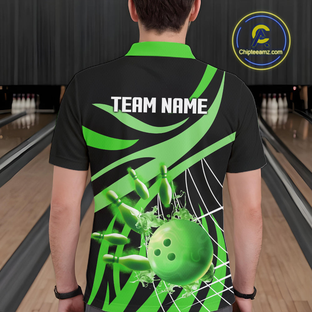 Green flame bowling 1/4 zip, mens polo bowling shirts Custom Team bowling shirts for men NQS11394