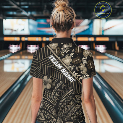 Black tribal pattern Bowling Polo, 1/4 zip Shirts For Women Custom Team Bowling Jerseys NQS11389