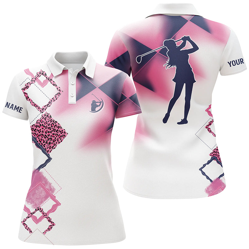 Womens golf polo shirt pink leopard custom name white golf shirt, women golf tops NQS4077