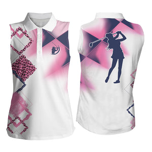Womens sleeveless polo shirt pink leopard pattern white golf shirt NQS4077