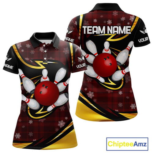 Red Christmas Plaid pattern snowflake Black and Gold Women's Bowling shirts Custom Xmas Bowling Gifts NQS10997