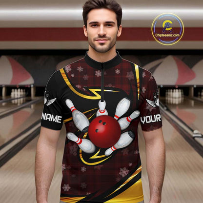Red Christmas Plaid pattern snowflake Black and Gold Men's Bowling shirts Custom Xmas Bowling Gifts NQS10997
