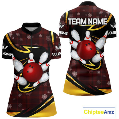 Red Christmas Plaid pattern snowflake Black and Gold Women's Bowling shirts Custom Xmas Bowling Gifts NQS10997