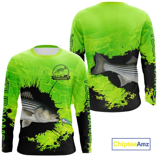 Personalized Striped Bass fishing Performance long sleeve Fishing Shirt, Striper fishing jersey|Green NQS11194