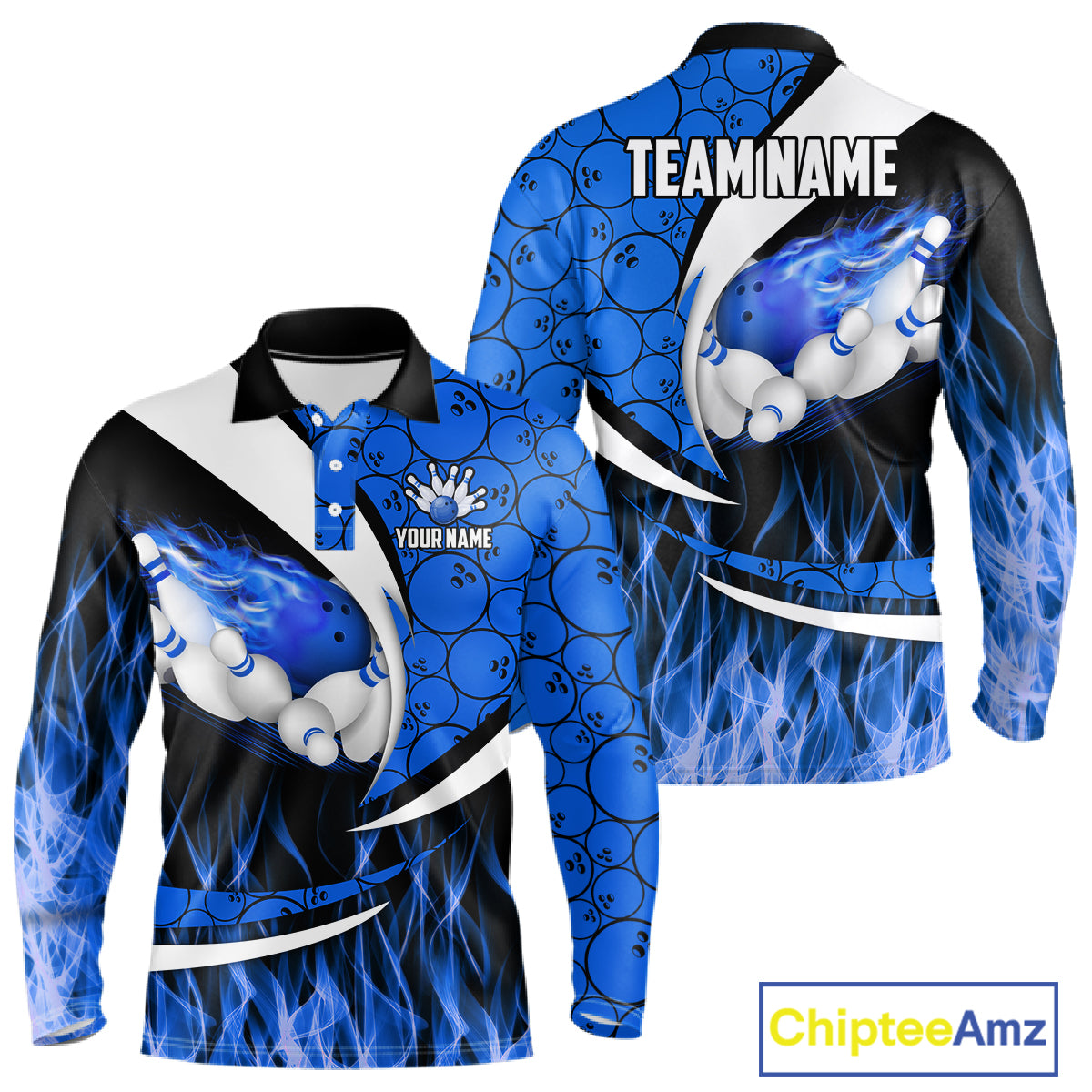 Blue Flame Bowling Camo Bowling Polo, Quarter Zip Shirts For Men Custom Bowling Team Bowler Jerseys NQS11195