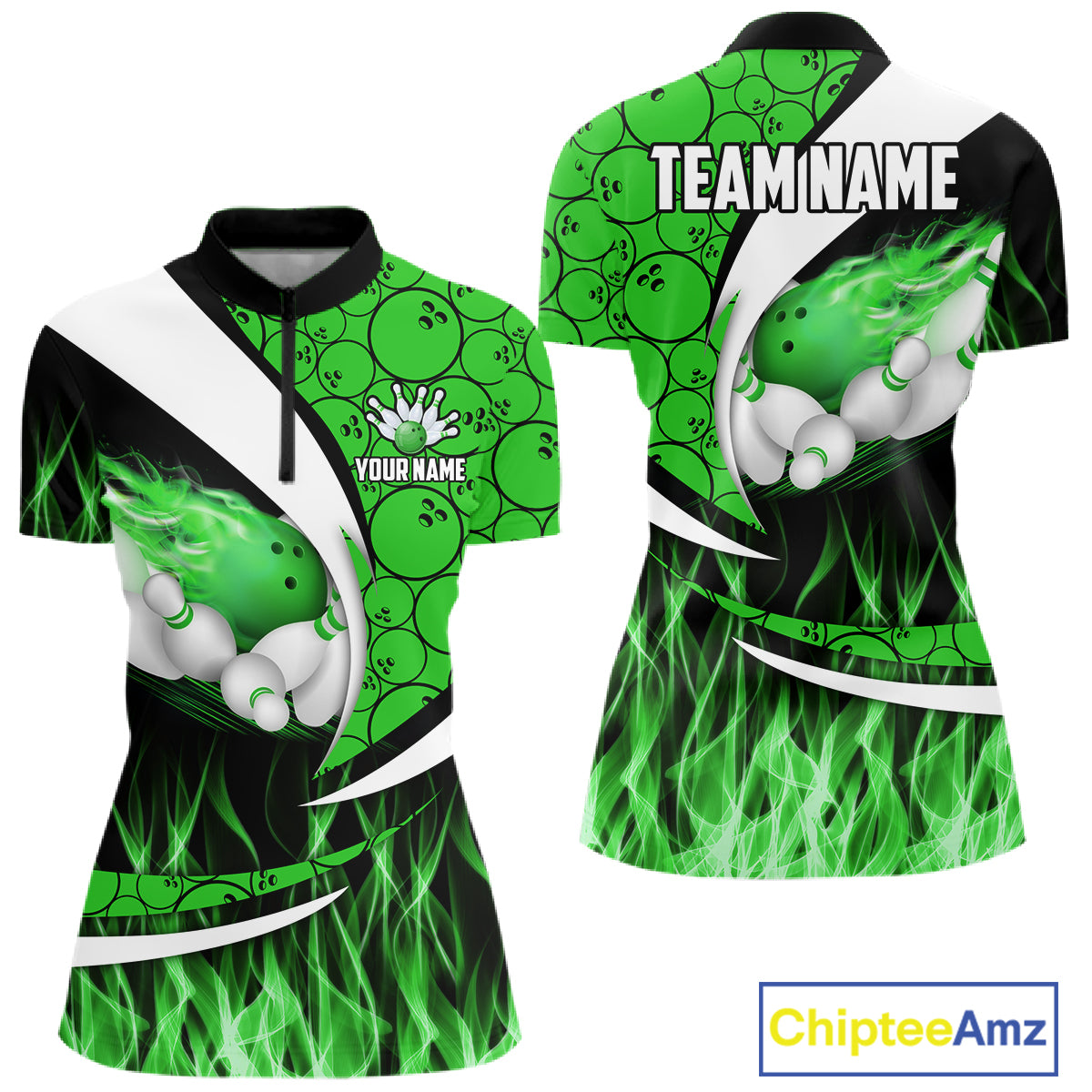 Green Flame Bowling Camo Bowling Polo, Quarter Zip Shirts For Women Custom Bowling Team Bowler Jersey NQS11196