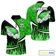Load image into Gallery viewer, Green Flame Bowling Camo Bowling Polo, Quarter Zip Shirts For Men Custom Bowling Team Bowler Jerseys NQS11196