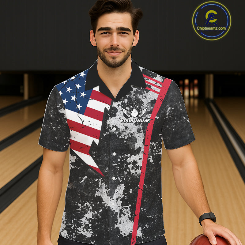 American Flag grunge Hawaiian bowling shirts Custom patriotic team bowling jerseys NQS11405