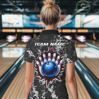 American Flag grunge Women Bowling polo shirts, 1/4 zip shirt Custom patriotic team bowling jerseys NQS11405