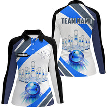 Load image into Gallery viewer, Blue Light Bowling Polo, Quarter Zip Shirt for Women Custom Bowling ball and pins Team League Jerseys NQS7586