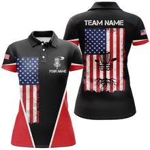 Load image into Gallery viewer, Black Womens Disc golf polo shirts vintage American flag patriot custom disc golf shirt for Ladies NQS7993