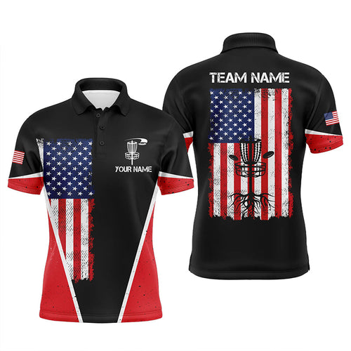 Black Mens Disc golf polo shirts vintage American flag patriot custom frisbee golf shirt for Men NQS7993