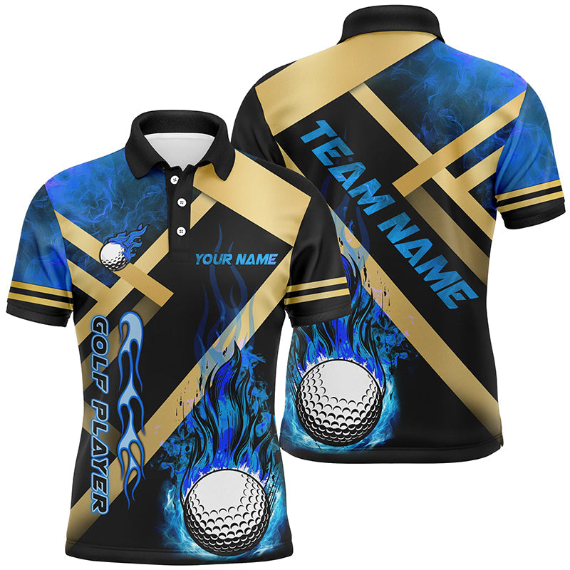 Mens golf polo shirts custom blue flame golf ball fire golf apparel for men, personalized golf gifts NQS7999
