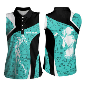 Cyan Blue golf pattern Womens Sleeveless Polo Shirts Custom Golf attire for women golfer gifts NQS9124