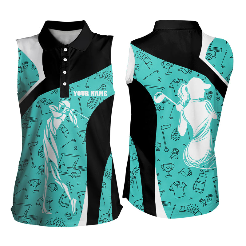 Cyan Blue golf pattern Womens Sleeveless Polo Shirts Custom Golf attire for women golfer gifts NQS9124