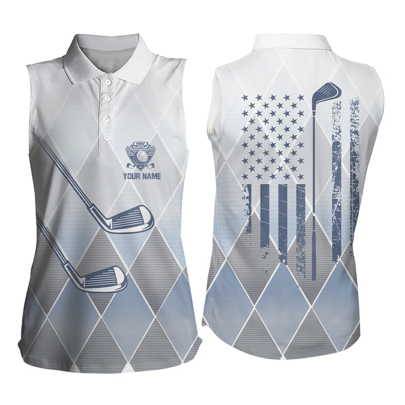 Blue argyle pattern American flag Golf club Womens Sleeveless Polo Shirts Custom Golf shirt for ladies NQS9126