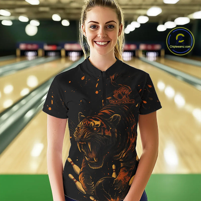 Personalized Black and Orange Tiger Bowling Team Polo, 1/4 Zip Shirts For Women, Tiger Bowling Jersey NQS11203