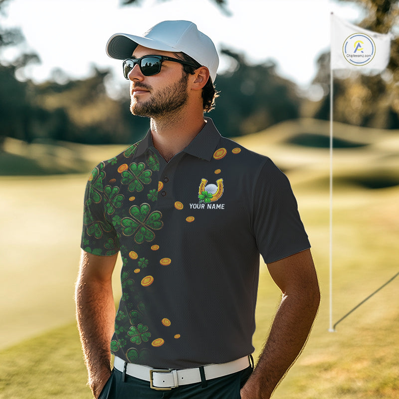 Personalized Green Clover St Patrick's Day pattern Golf Polo Shirts For Men, Best Mens golf wear NQS11207