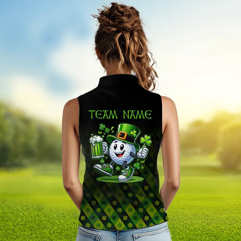 Green clover pattern Lucky golf shirt Women sleeveless polo custom St patrick Day golf tops for ladies NQS9338