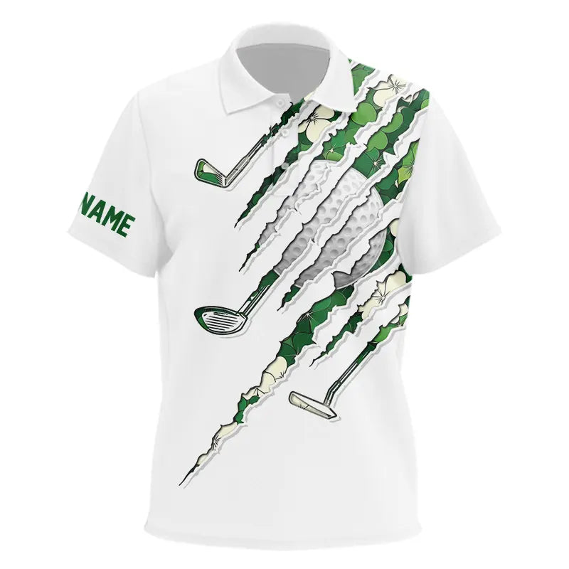 Green shamrock pattern White Kid golf polo shirt Custom golf clubs St Patrick day Kid golf attire NQS9476
