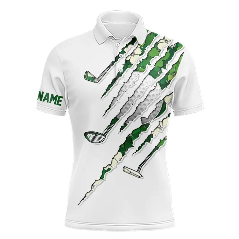 Green shamrock pattern White Mens Golf Polo Shirt Custom golf clubs St Patrick day golf attire for men NQS9476