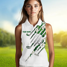 Load image into Gallery viewer, Green shamrock pattern White Women sleeveless polo Custom golf clubs St Patrick day ladies golf attire NQS9476