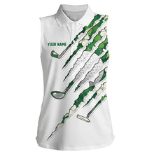 Load image into Gallery viewer, Green shamrock pattern White Women sleeveless polo Custom golf clubs St Patrick day ladies golf attire NQS9476